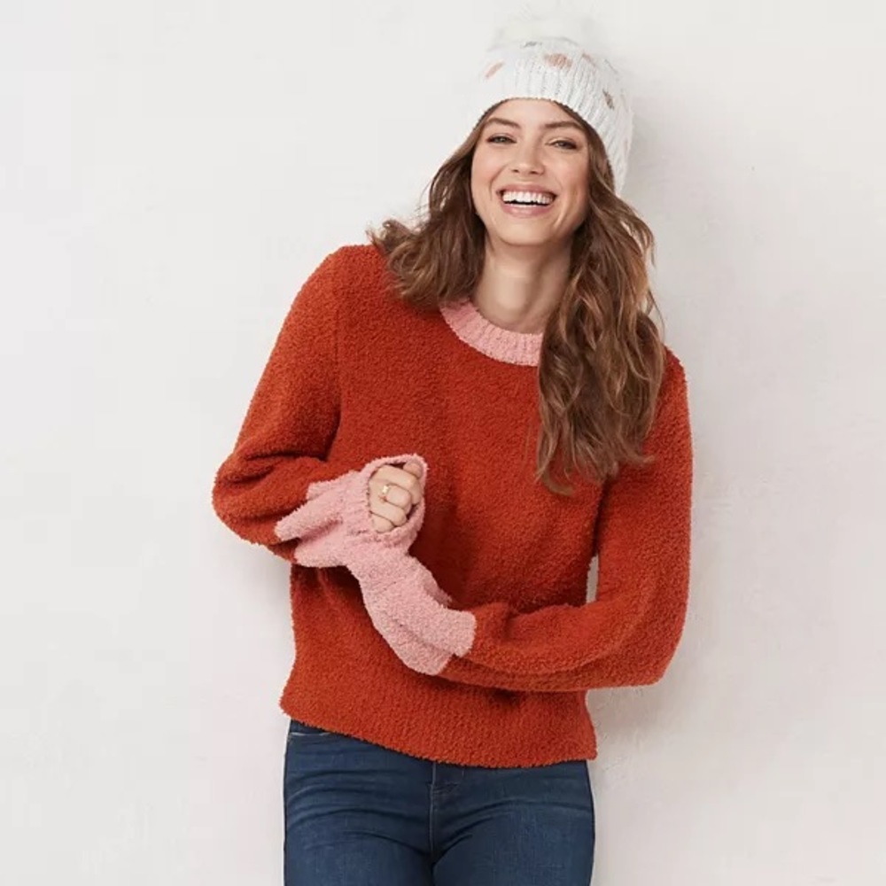 LC Lauren Conrad Teddy Sherpa Crewneck Sweater Colorblock Size XL Orange Pink